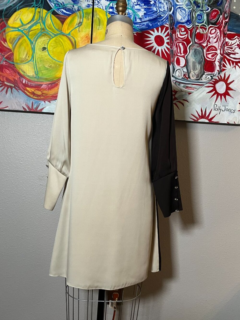Alice + Olivia Silk Colorblock Crystal Buttons Shift Dress Ivory Brown - Picture 7 of 13